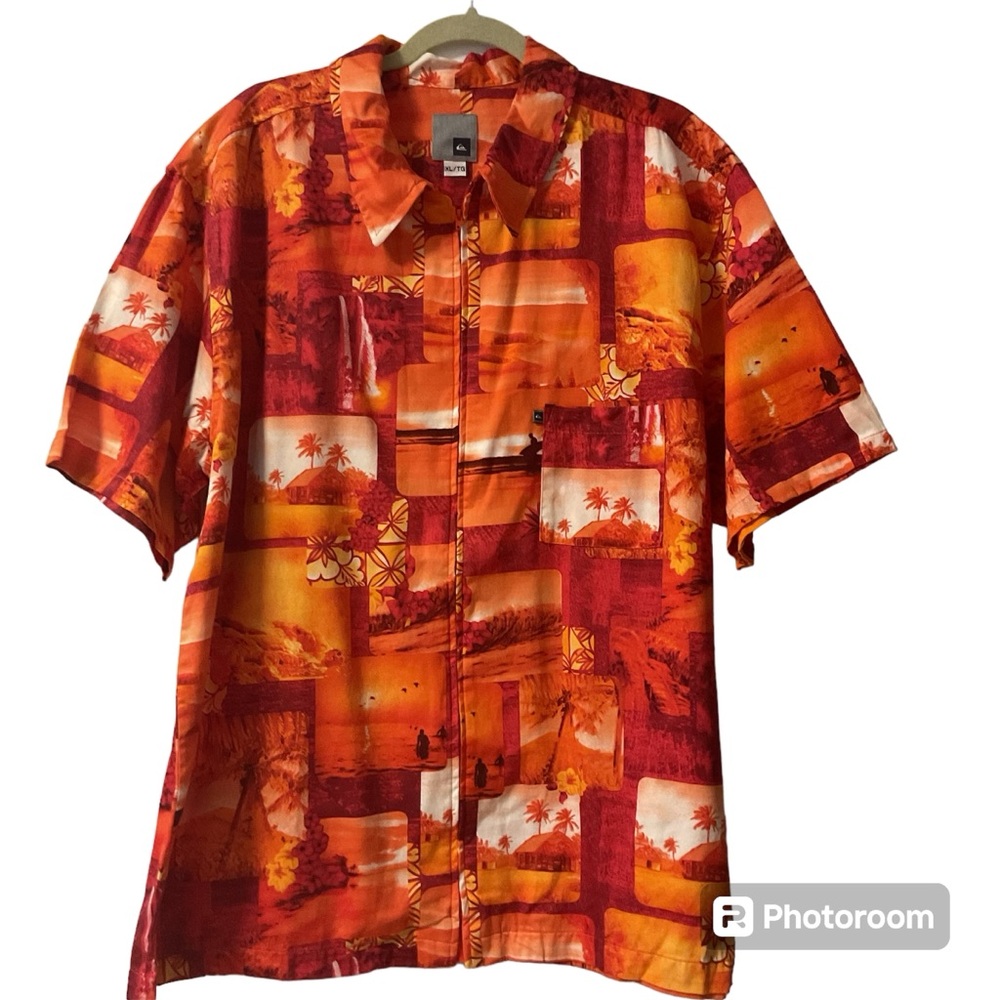 Vintage Quicksilver Full Zip Shirt Mens XL Orange Hawaiian Surfing Beach